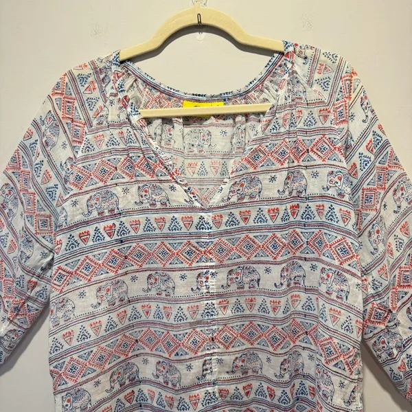 Roberta Roller Rabbit Elephant Print‎ Gauze Lightweight V-neck Blouse Top Medium - Image 4