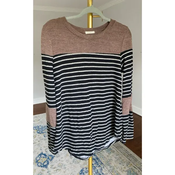 12PM by Mon‎ Ami Sweater Striped Long Patch Sleeve Color Block Preppy Academia L - Image 2