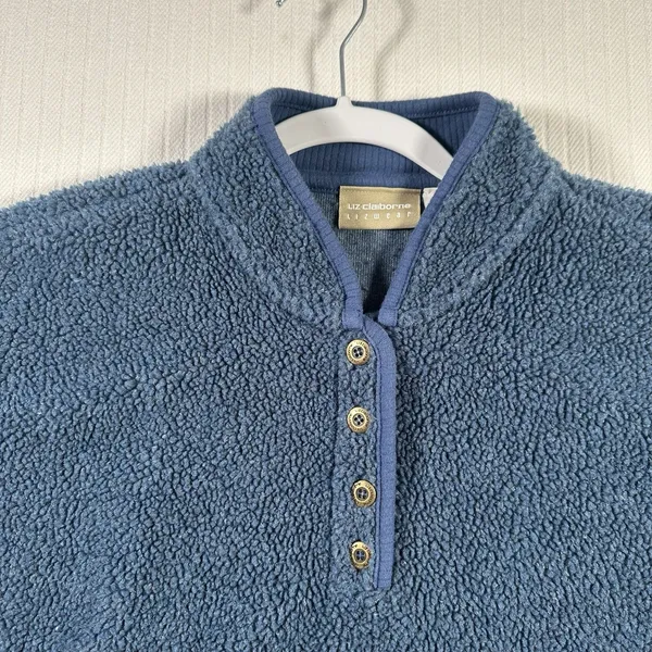 VTG Liz Claiborne Fleece Pullover Sweater Womens XL Blue Henley Snap Fuzzy Cozy - Image 6