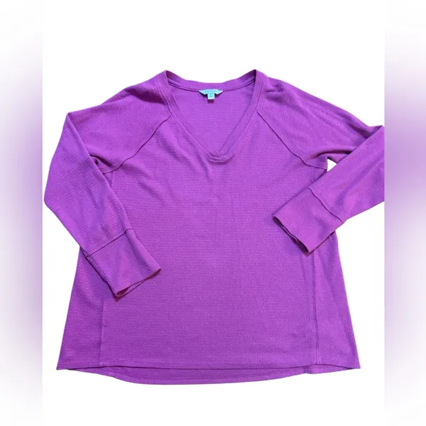 Wildfox Magenta Pink Waffle‎ Knit V-Neck Long Sleeve Top Cozy Casual Sz L - Image 4