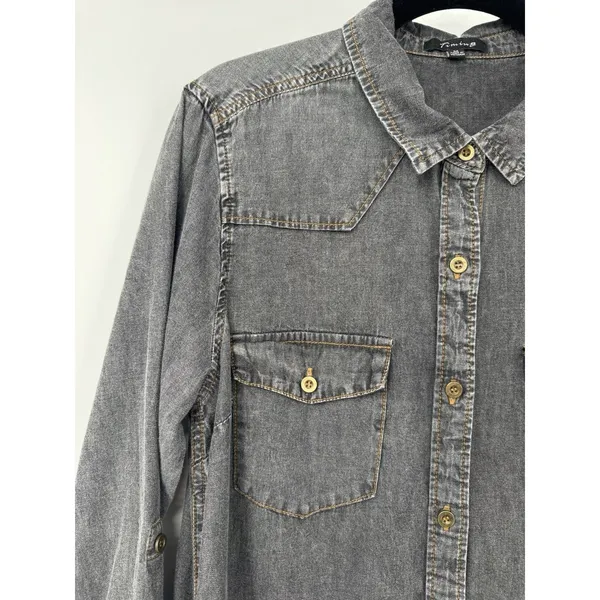 Timing Chambray Cotton Shirt Dress M Pockets Dark Grey Roll Tab Sleeve Summer - Image 3