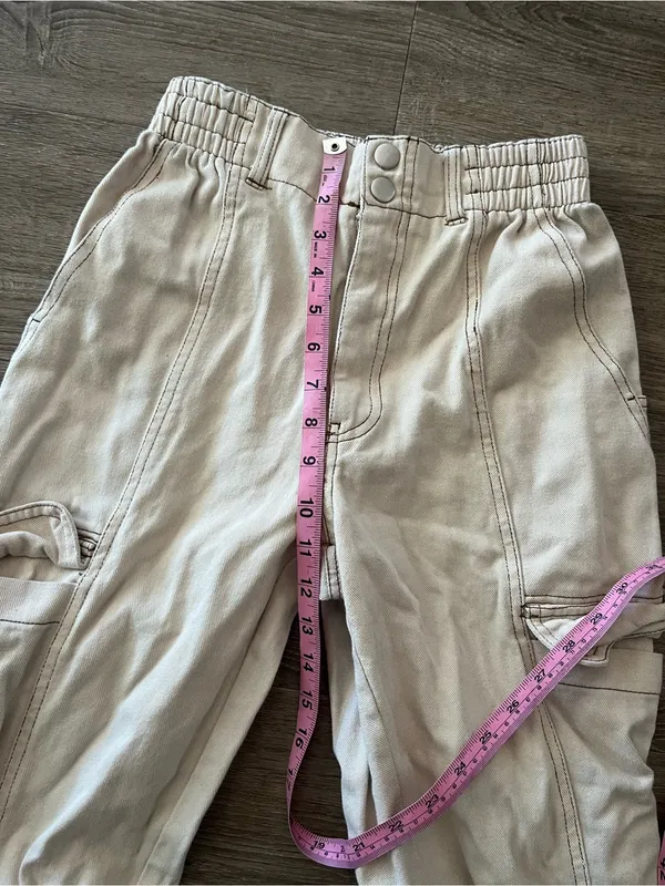 RSQ Wide Leg Baggy Pants Womens Medium Ecru Cargo Elastic Waist Cotton Utility - Image 12