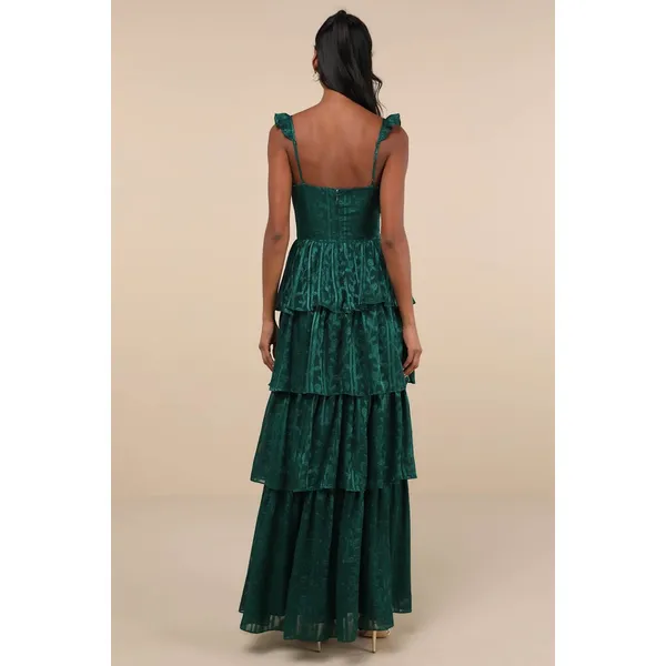 NWT Lulus Stunning Glory Hunter Green Floral Jacquard Tiered Maxi Dress Gala XS - Image 3