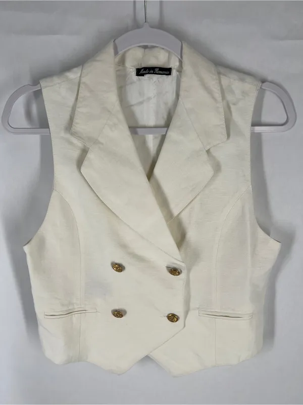 Vintage 90s Ivory Linen Blend Double Breasted Vest Gold Buttons M - Image 2
