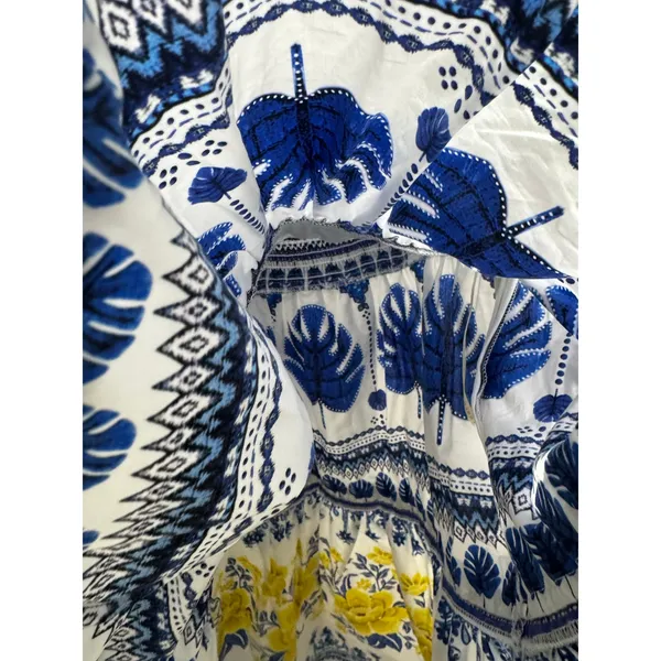 Farm Rio Blue White Tropical Floral Print Ruffle Mini Romper Size Small S - Image 5