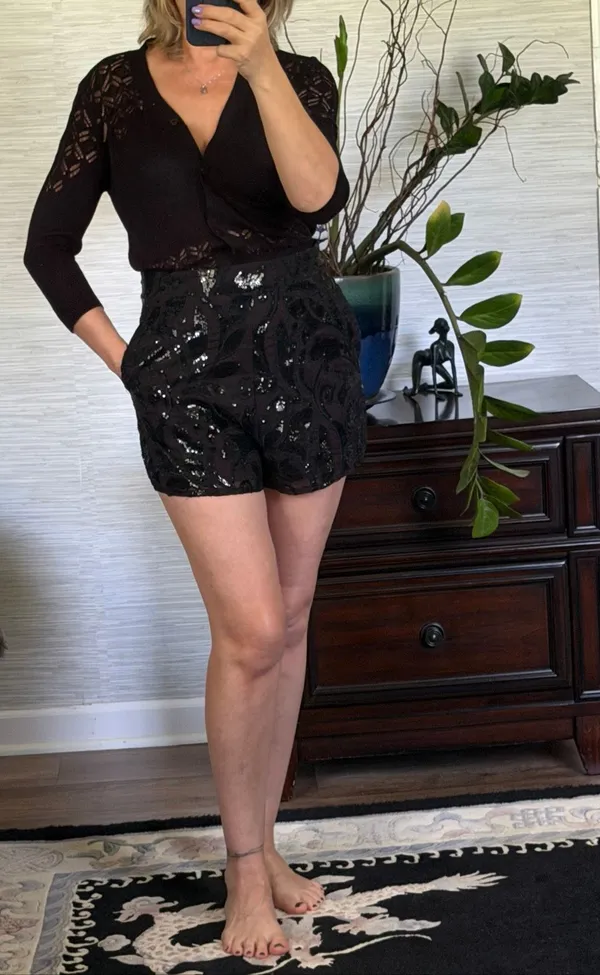 Show Me Your Mumu Black Sequin High Waist Shorts XS Party Evening - Image 10