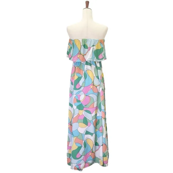 Japna Strapless Flounce Top Summer Maxi Dress Retro Aqua & Pink Print Size Small - Image 2