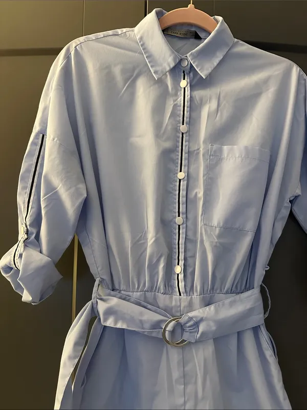 Zara Light Blue Belted Shirt Romper - Image 2