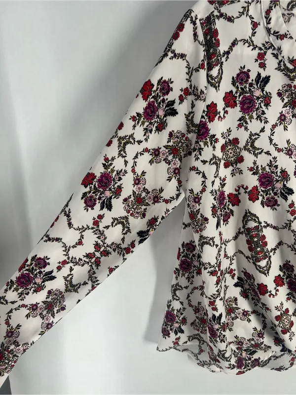 Ann Taylor White Floral Wrap-Style Blouse with‎ Pink & Red Blooms - Image 6