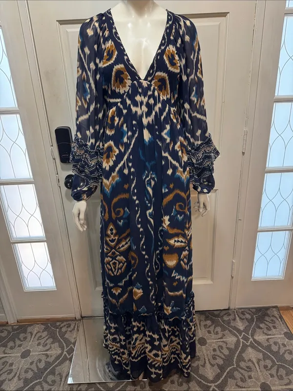FARM Rio Pineapple Blue Ikat Maxi Dress Boho Long Sleeve Altered Length Small - Image 2
