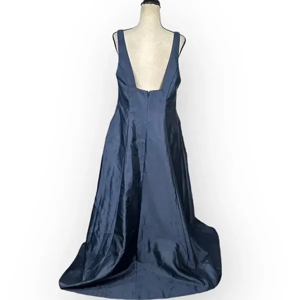 Alfred Sung Maxi Gown Women's 14R Navy Blue Square Neck Satin A-Line Sleeveless - Image 7
