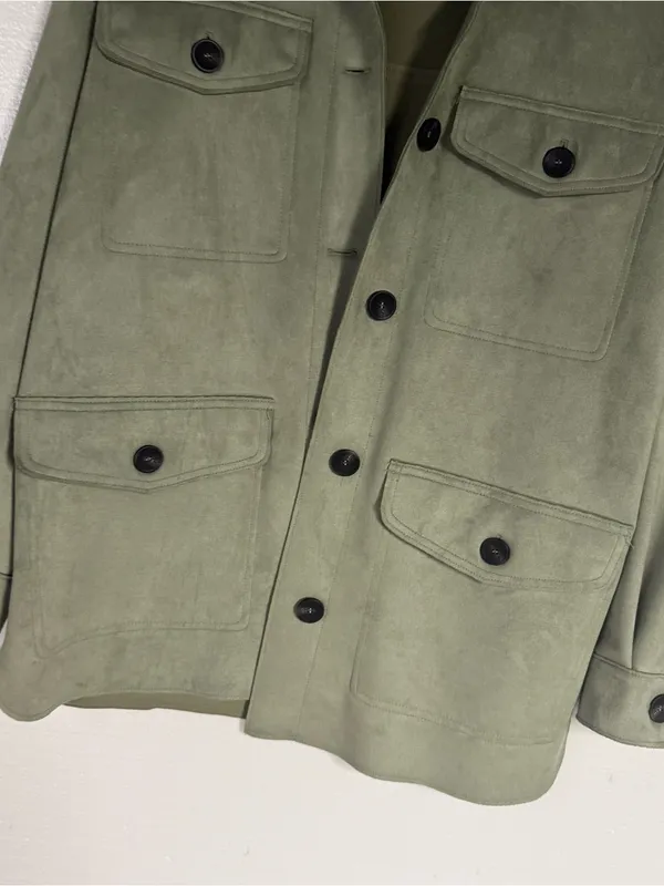 Zara Jacket Women XS Olive Green Faux Suede Utility Overshirt Button Front Soft - Image 5