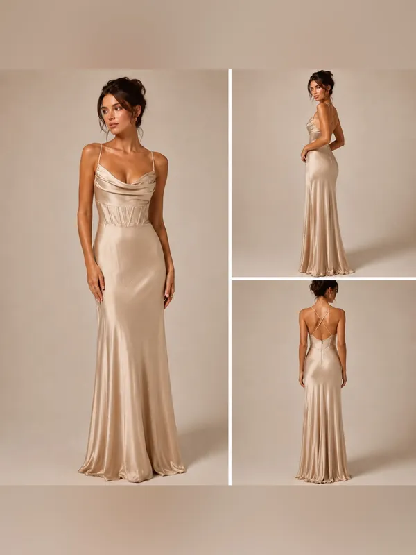 Windsor Taupe Satin Maxi Dress XS Cowl Neck Strappy Open Back Formal Gown NWT - Image 2