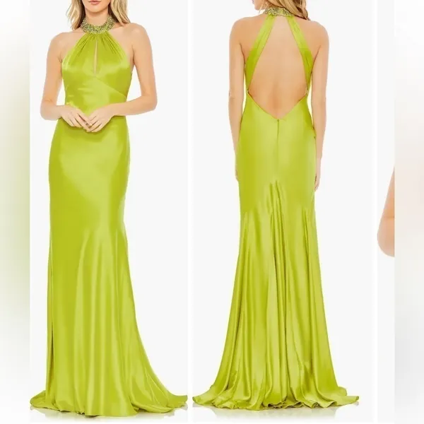IEENA FOR MAC DUGGAL 7599567 Beaded Halter Neck Satin Mermaid formal Gown Green - Image 3