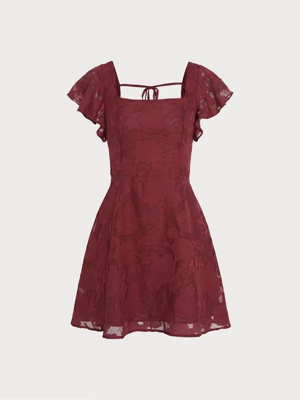 Rihoas Wine Red Square Neck Jacquard Mini Dress - Image 6