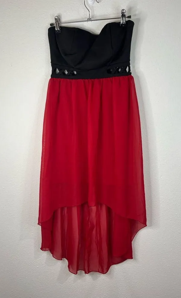 Mod Modele Strapless High Low Dress Small Black Red Chiffon Formal Party Gown - Image 2