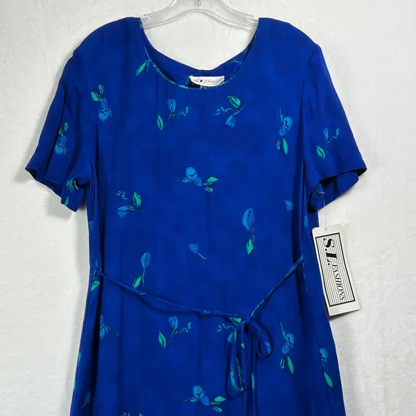 SL Fashions Vintage‎ Blue Floral Rayon Maxi Dress Short Sleeve Tie Waist Size 12 - Image 6
