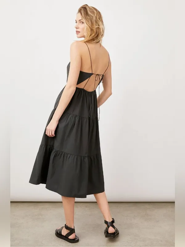 NWT RAILS Leni Dress S Black Cotton Poplin Tiered Midi Open Back Tie Back LBD - Image 5