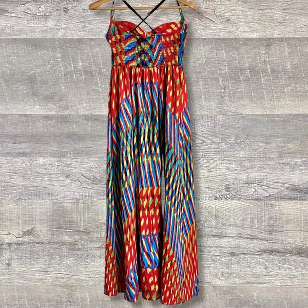 Boho Vibrant Print Striped Long Maxi Dress Womens M Multicolor Strappy Back - Image 4