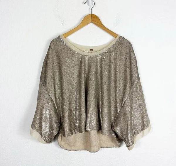 Free People Champagne Dreams Tee Small Neutral Gold Sequin Oversized Cropped - Image 3