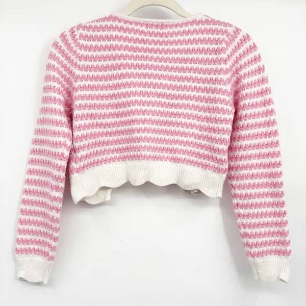 YLLW Womens Pink White Striped Textured Coquette Cropped Cardigan Sweater XS - Image 5