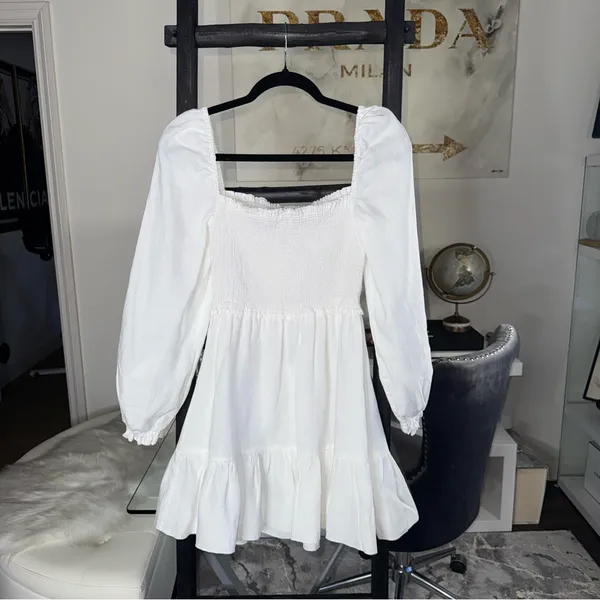 New Aritzia Wilfred New Tempest White Smocked Linen Mini Dress Square Neck Small - Image 9