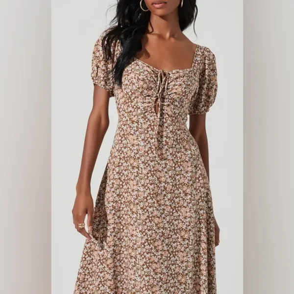 ASTR Lace Up Puff Sleeve Midi Dress in Brown Floral Size Small NWT - Image 9