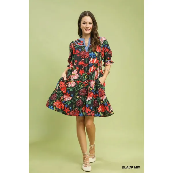 Umgee‎ Floral Tiered Puff Sleeve Dress - Black Mix - Small - Image 5