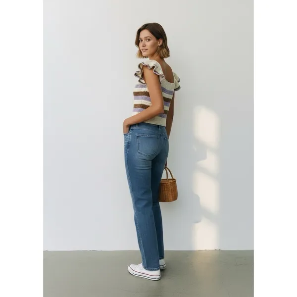 MNG Mango Beige Striped Knit Ruffle Flutter Sleeve Square Neck Cropped Top S - Image 3