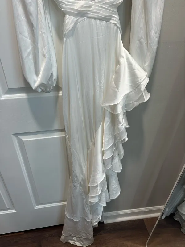 White Asymmetrical Ruffled Gown Mac Duggal Cut-Out 4 - Image 3