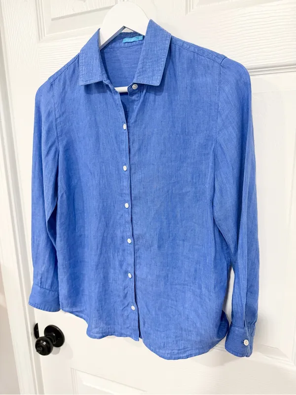 J. McLaughlin 100% Linen Blue Button Down Shirt Coastal Quiet Luxury XS - Image 5