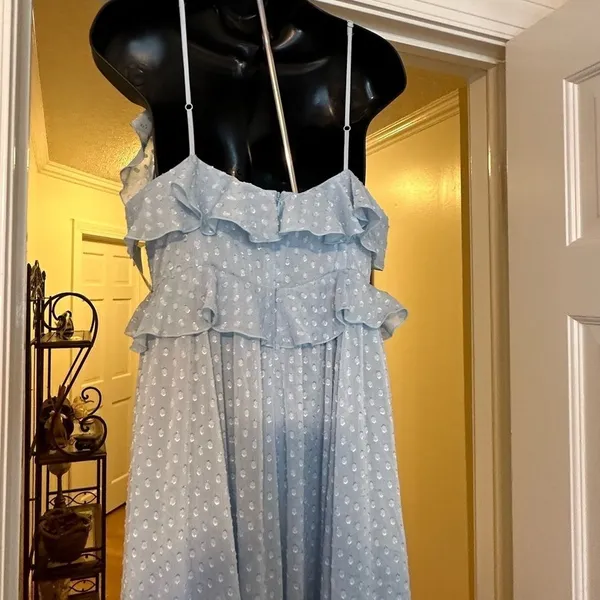 CHELSEA 28 Light Blue Ruffle Neck Spaghetti Strap MIDI Dress size Medium EUC - Image 4