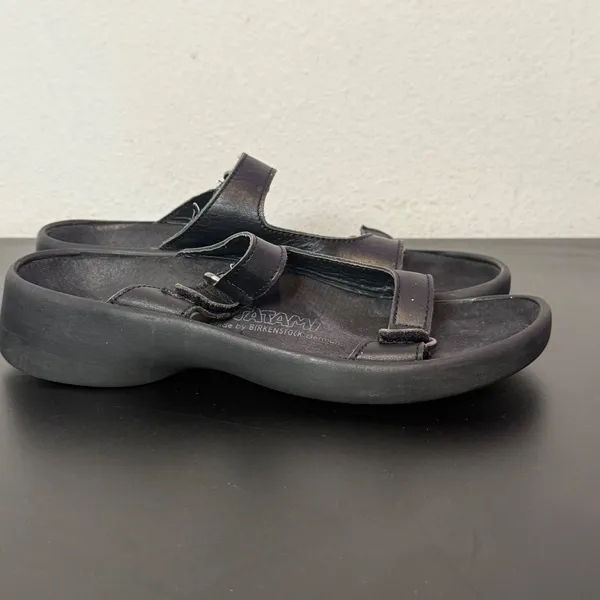 Tatami Birkenstock Platform Sandals Womens 9 Black Leather Double Strap Slides - Image 14