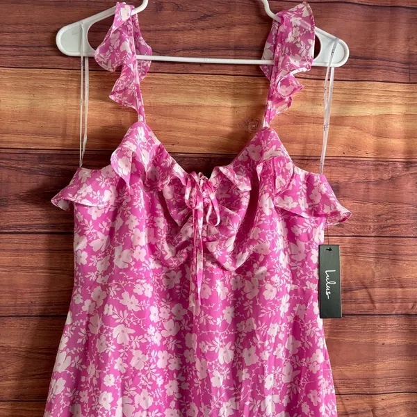 Lulus Pink Floral Ruffle Mini Dress Sleeveless Tie Front Chiffon Size M NEW - Image 3