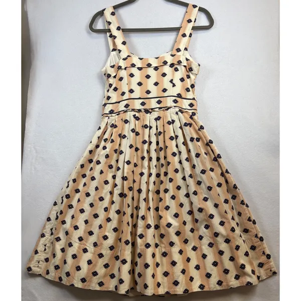 Maeve Anthropologie Striped Embroidered Cotton Sundress Tan Navy 4 - Image 4