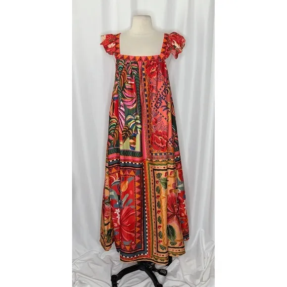 Anthropologie FARM RIO Mosaic Midi Dress Cotton Pockets Colorful Tropical Medium - Image 2