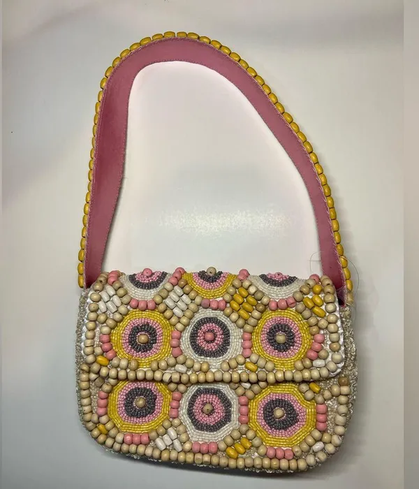 Handcrafted in India Colorful Pink Pastel Wooden Beaded Shoulder Bag Purse - Image 5