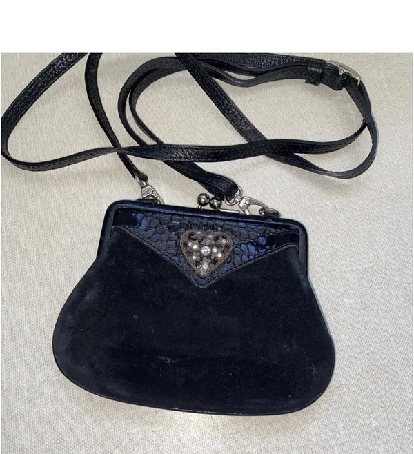 BRIGHTON Mini Purse Bag Rhinestone Heart Black Suede Leather Crossbody - Image 14