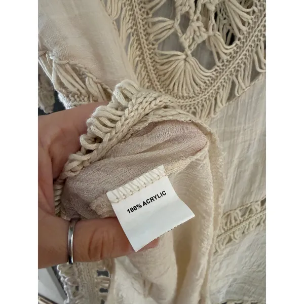 Boho Crochet Macrame Handkerchief Hem Tunic Top Cream‎ V-Neck Festival Gauze L - Image 7
