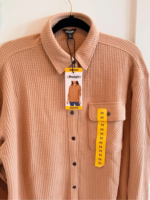 Buffalo Jeans Tan Waffle Knit Button-Down Shirt Jacket NWT Size Medium Womens - Image 4