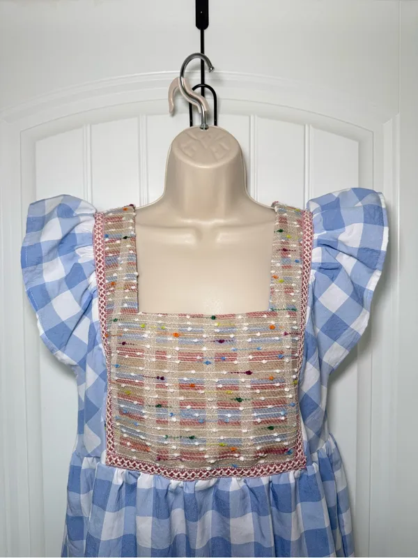 Entro Small Blue Gingham Ruffle Sleeve Beaded Square Neck Babydoll Top Coquette - Image 3