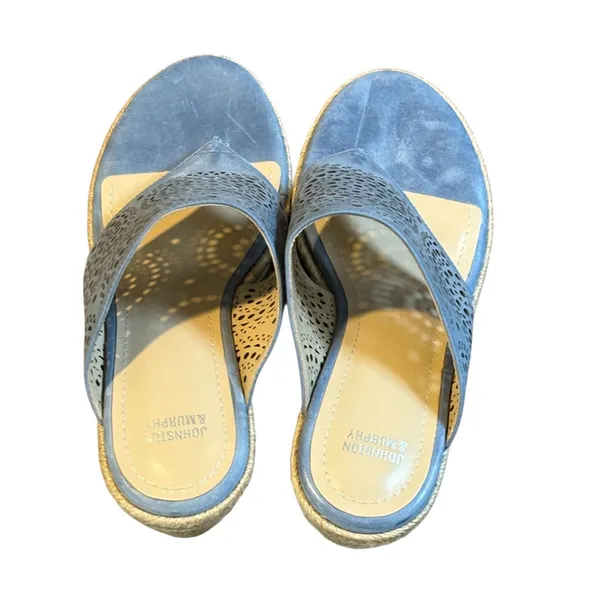 Johnston & Murphy Wedge Sandals Womens 8 Blue Laser Cut Espadrille‎ Thong Mules - Image 4