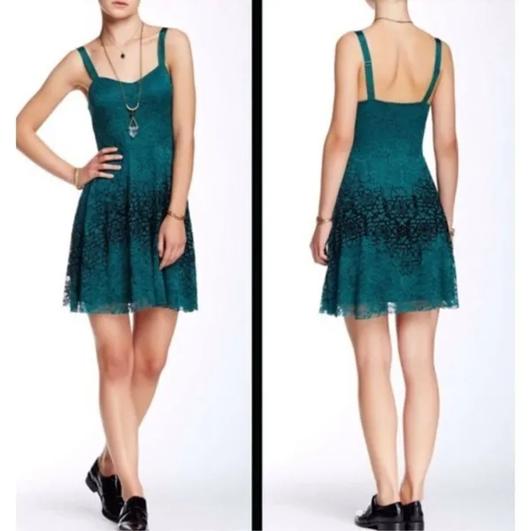 Free People Strap Mini Flare‎ Dress Green Floral Lace Black Velvety Detail - Image 2