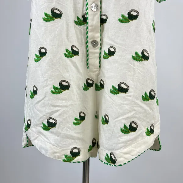 NWOT Farm Rio Linen Blend Coconut Embroidered Romper Green and Ivory Size M - Image 6