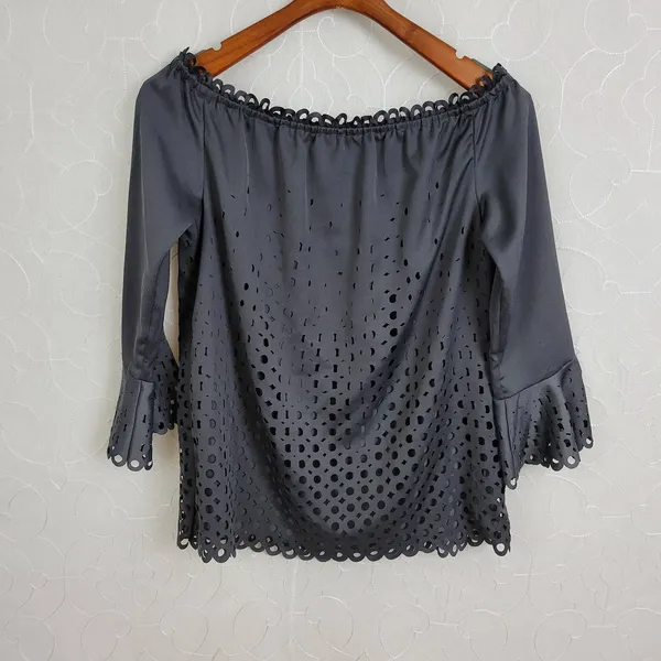 Banana Republic Women's Black Small Blouse Boat Neck Trumpet Sleeve‎ - Image 2