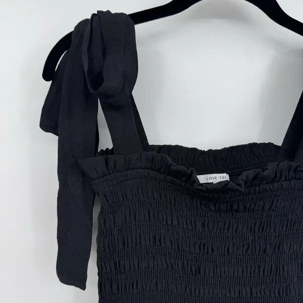 Love Tree Smocked Tie Strap Tiered Maxi Dress Black Boho Cottagecore Festival SM - Image 3