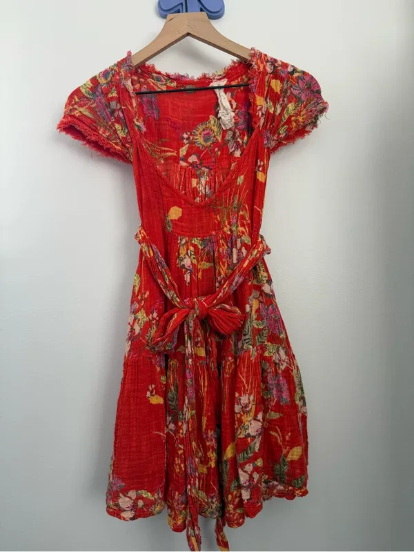 Free People Med Maia Mini Dress Red Gauze Floral Resort Front Wrap Tie Tropical - Image 4