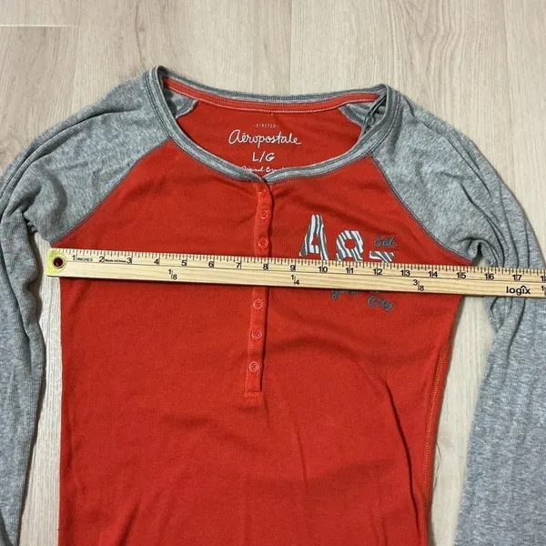 Y2K Aeropostale Womens Orange Gray Raglan Long Sleeve‎ Henley Shirt Top L G - Image 5