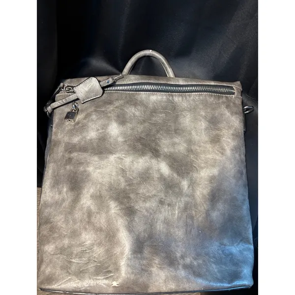 Gray Distressed Vegan Leather Convertible Backpack Shoulder‎ Bag Silver Padlock - Image 2