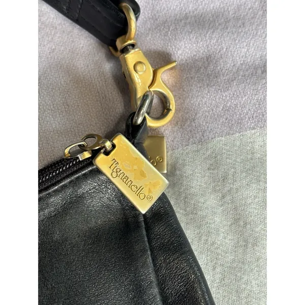Tignanello Black Soft Leather Shoulder Bag/ Purse Remov Strap Logo Zip/Snap‎ - Image 2